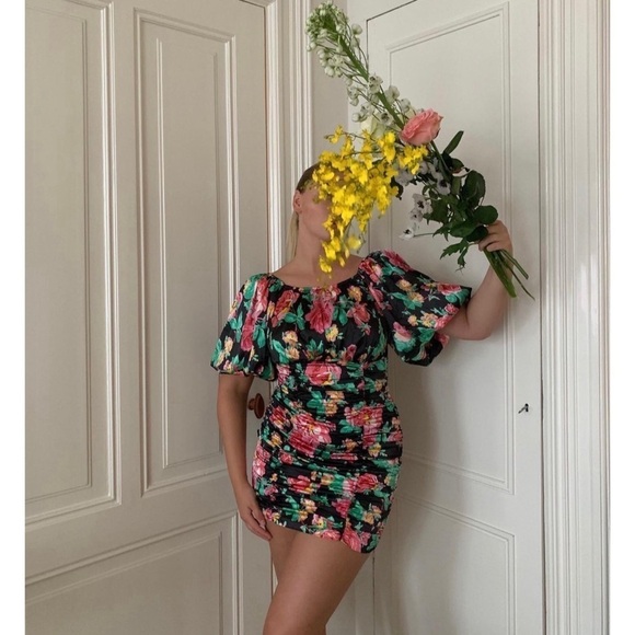 NWT FOR LOVE & LEMONS Floral Satin Puff Sleeve Open Back Ruched Bodycon Dress S - Picture 6 of 14